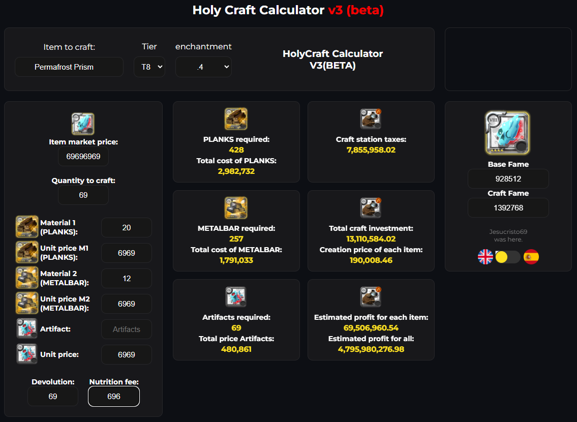 Calculadora de crafteo para Albion online